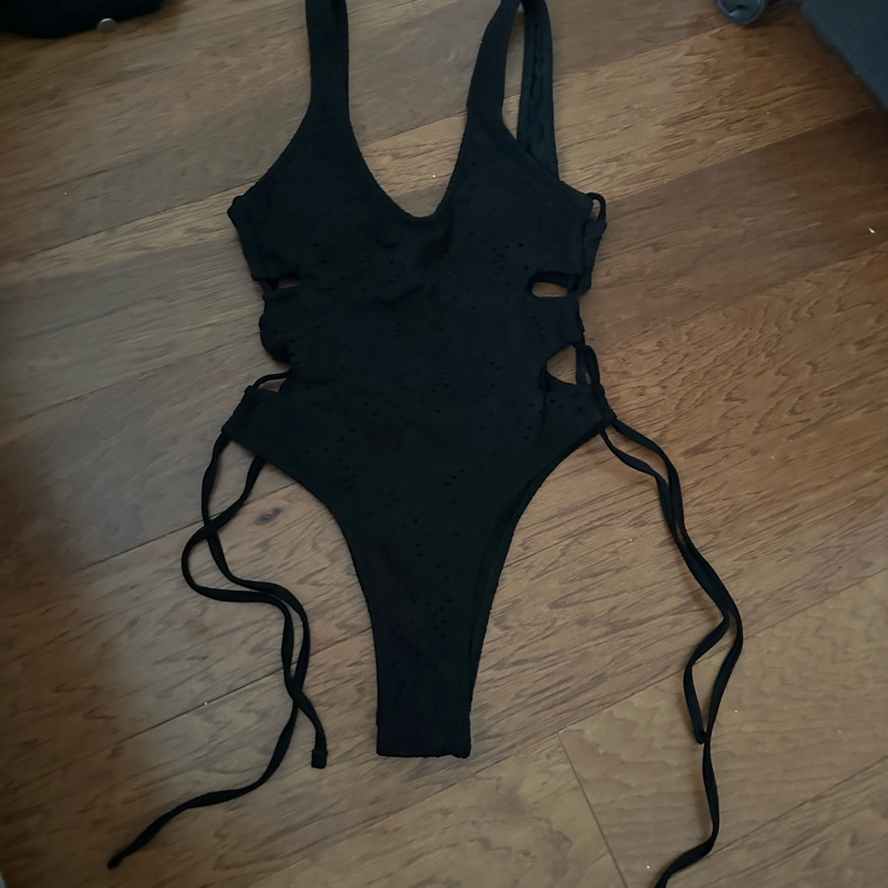 Black One-Piece Swimsuit with Side Tie Details